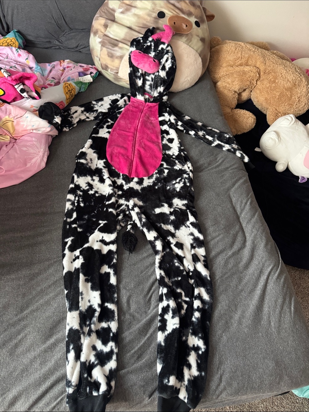 Celebrate It Black-and-White Cow Print Footie with Bright Pink Hood Panel